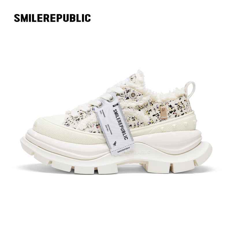 2.0 Smile Queen Off-White Tweed Leather Low Top Canvas Shoes