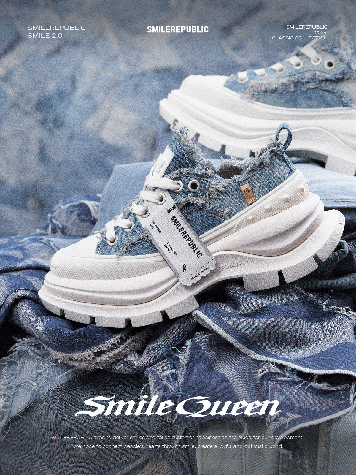 2.0 Smile Queen Denim Blue Thick Sole Low Top Sneaker