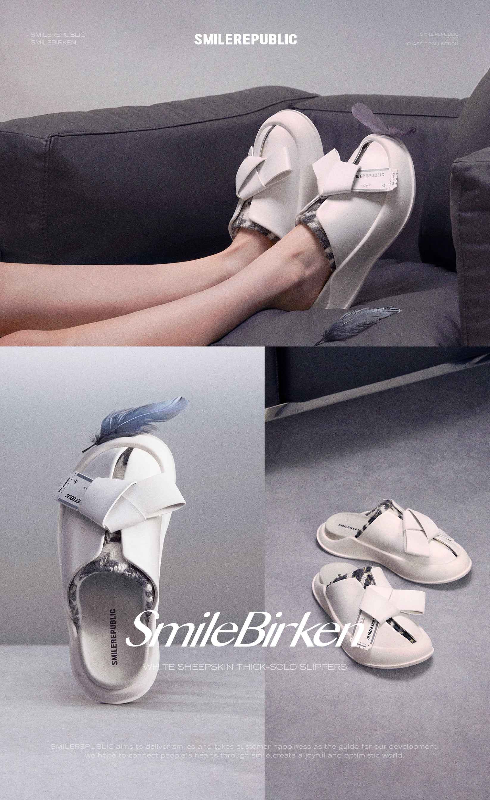 White & Black Sheepskin Thick Sold Slippers