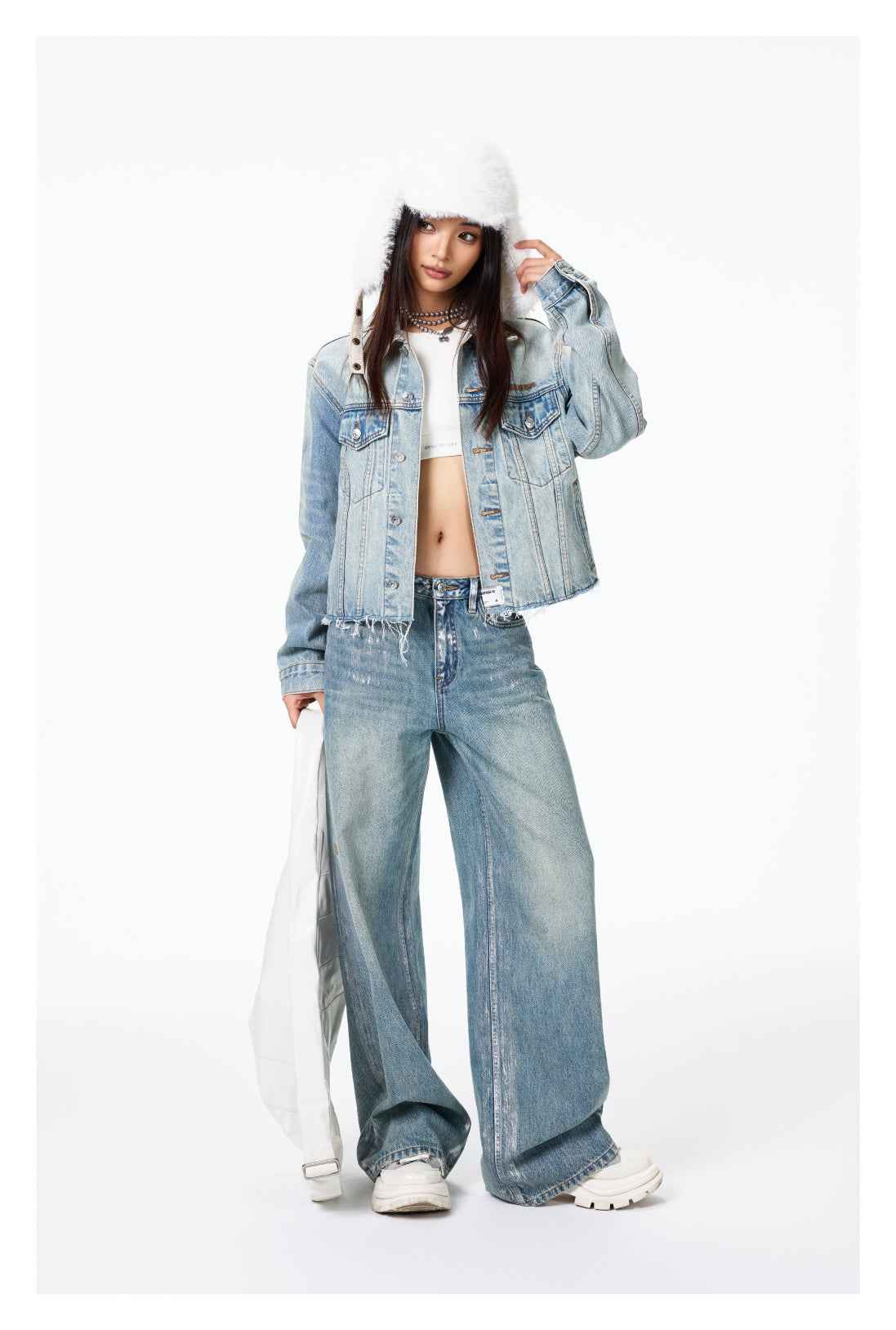 Washed Silver Foil-Coated Jeans