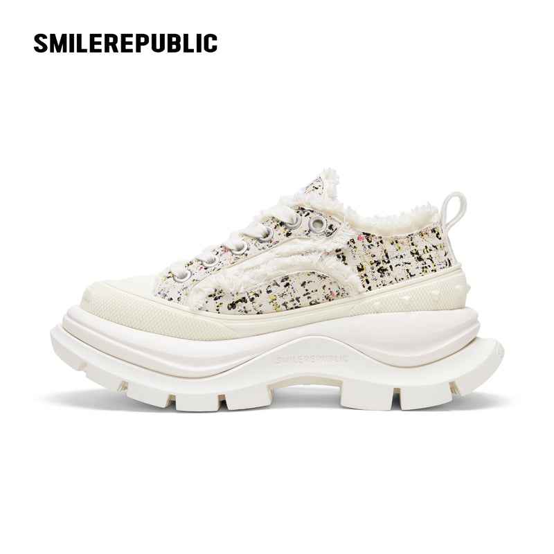 2.0 Smile Queen Off-White Tweed Leather Low Top Canvas Shoes