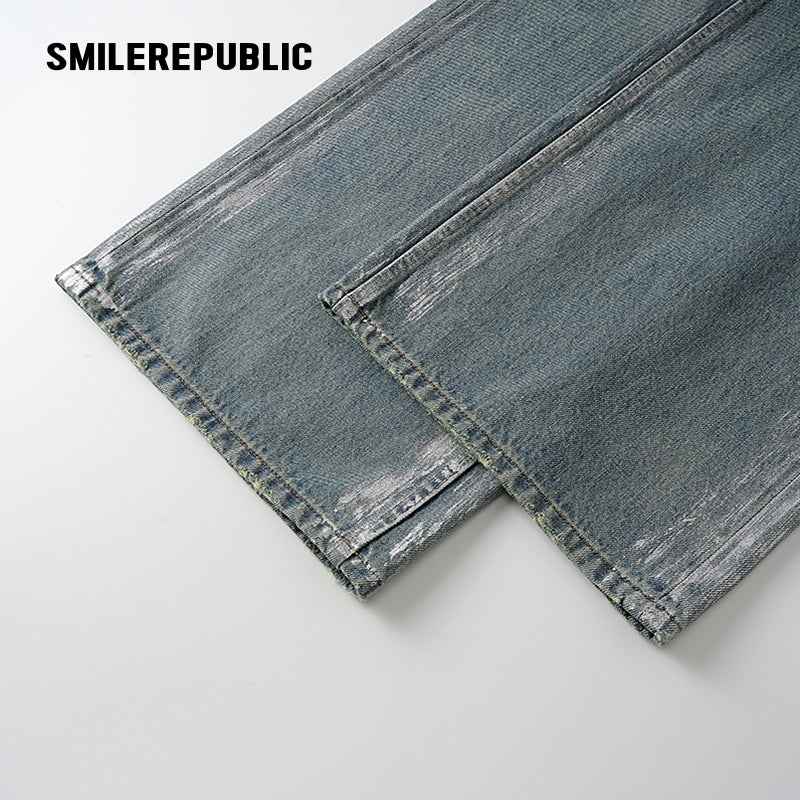 Washed Silver Foil-Coated Jeans